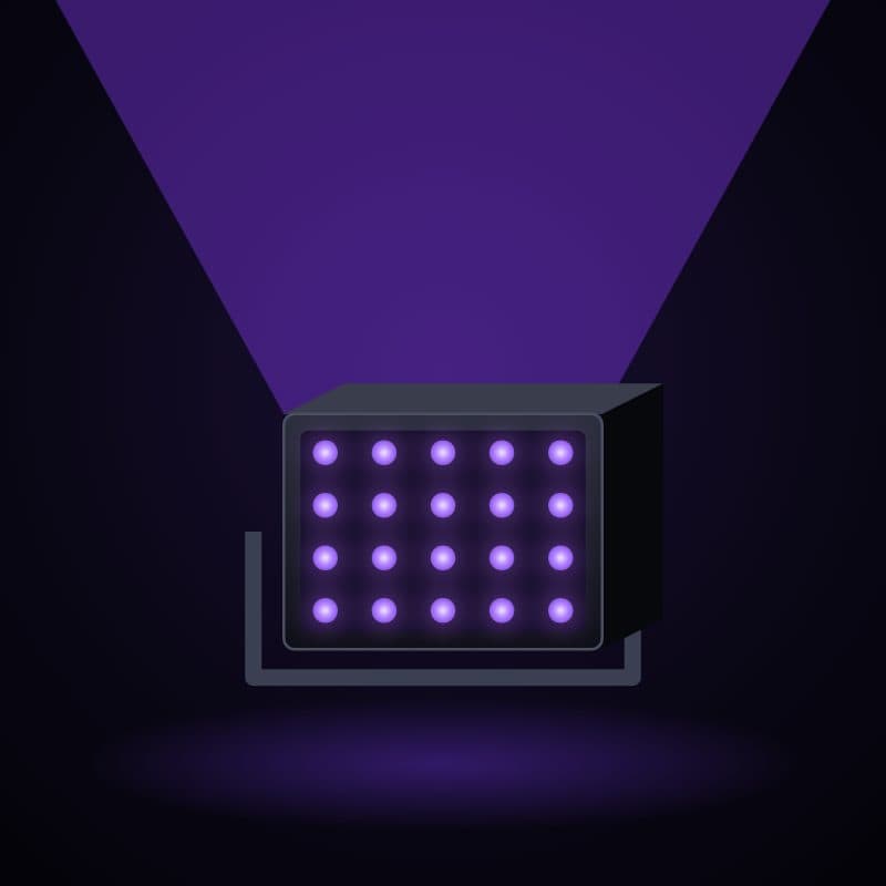 Illustration : Projecteur lumière noire UV LED 100 W (385–400 nm), sous lumière noire